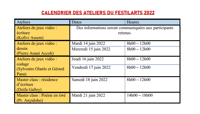 CALENDRIER DES ATELIERS DU FESTILARTS 2022