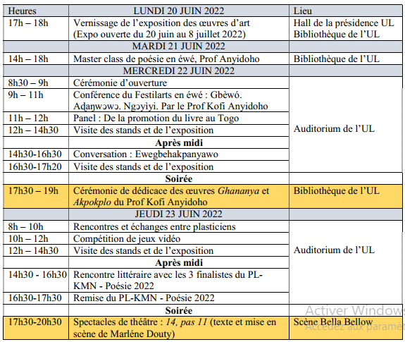 CALENDRIER DES ACTIVITES DU FESTILARTS 2022